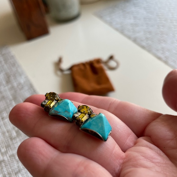 Elizabeth Cole Turquoise & Rhinestone Stud Earrings - Picture 2 of 5